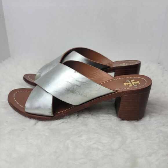 Tory Burch Shoes  Womens Size 9 M  Montrose Mirror Slip On Silver Leather Heel - Picture 3 of 10